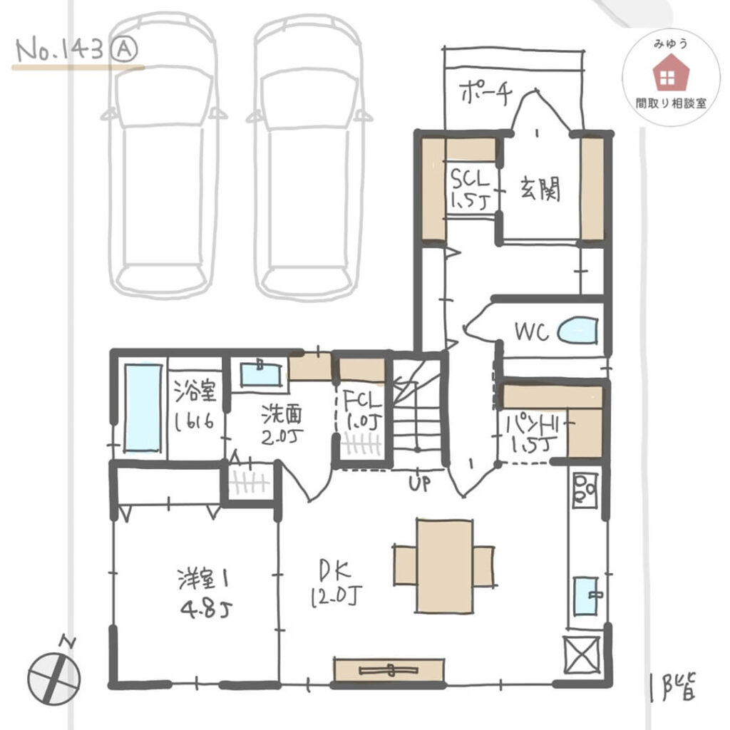 夫婦ふたりが心地よく過ごせる、リビング使用できる洋室をDK横に設けた間取り【31坪4LDK2階建】No.143A-1階