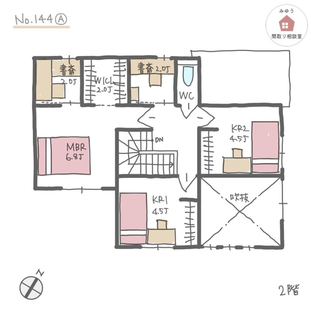 キッチンと洗面所の間にファミクロを設けた水回り集中間取り【32坪4LDK2階建】No.144A-2階