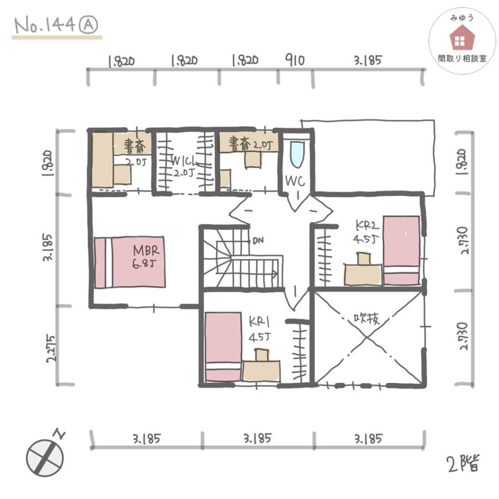 キッチンと洗面所の間にファミクロを設けた水回り集中間取り【32坪4LDK2階建】No.144A-寸法有2階