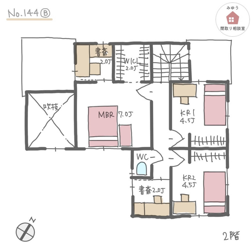 夫婦それぞれの書斎があり、開放感ある場所とコンパクトな個室のメリハリがある間取り【32坪4LDK2階建】No.144B-2階