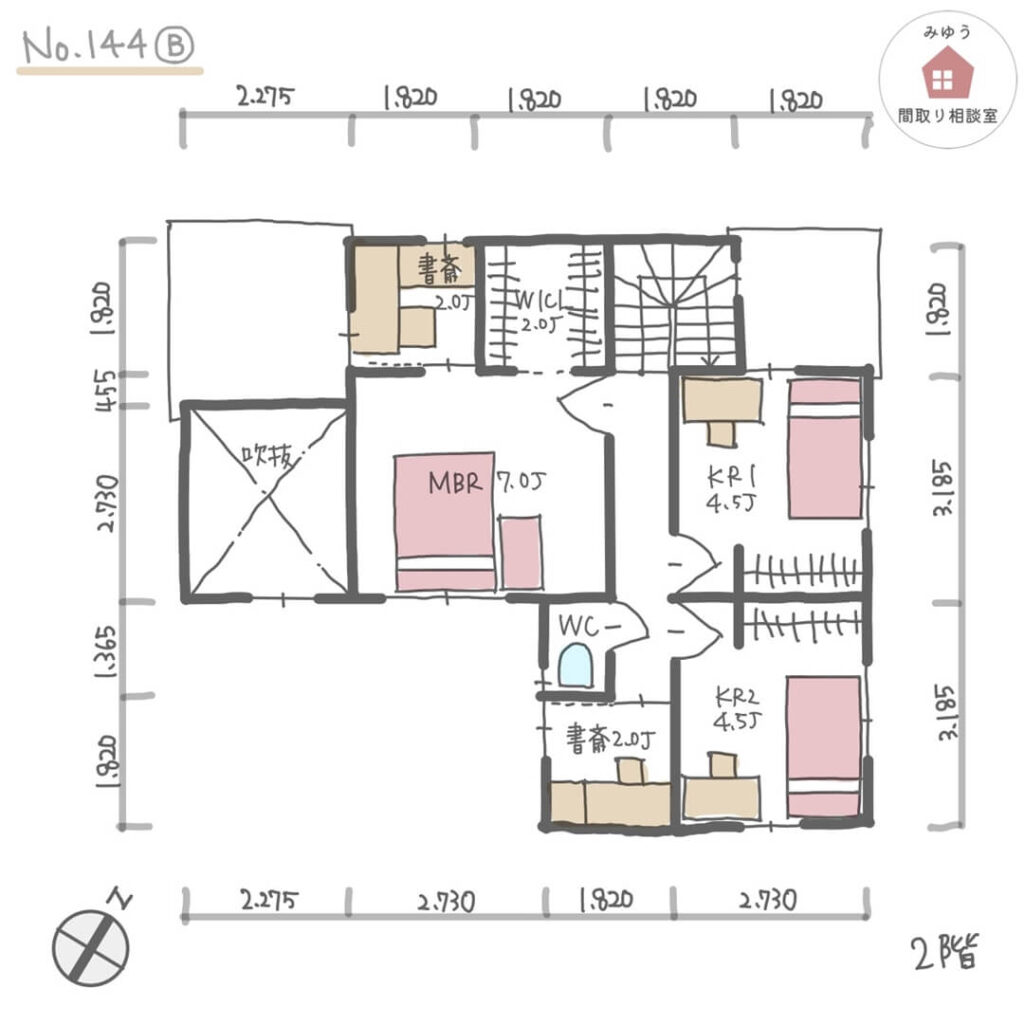 夫婦それぞれの書斎があり、開放感ある場所とコンパクトな個室のメリハリがある間取り【32坪4LDK2階建】No.144B-寸法有2階