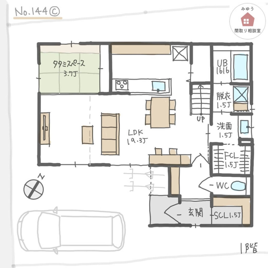 日当たりの良い吹抜けリビングの隣に畳スペースがある間取り【32坪4LDK2階建】No.144C-1階