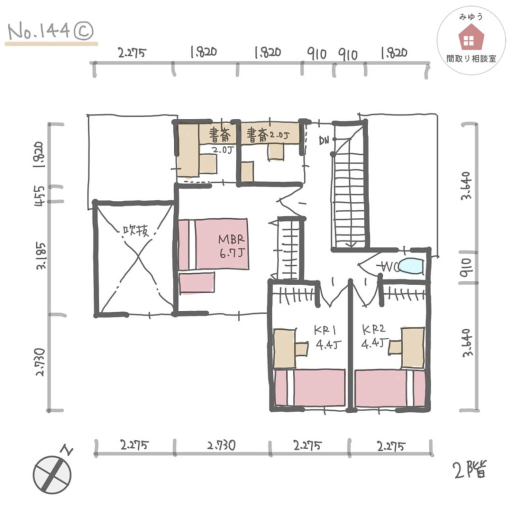 日当たりの良い吹抜けリビングの隣に畳スペースがある間取り【32坪4LDK2階建】No.144C-寸法有2階