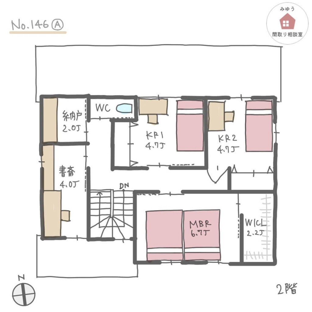 通り抜けできる土間収納と細長い土間スペースがある間取り【38坪3LDK2階建】No.146A-2階