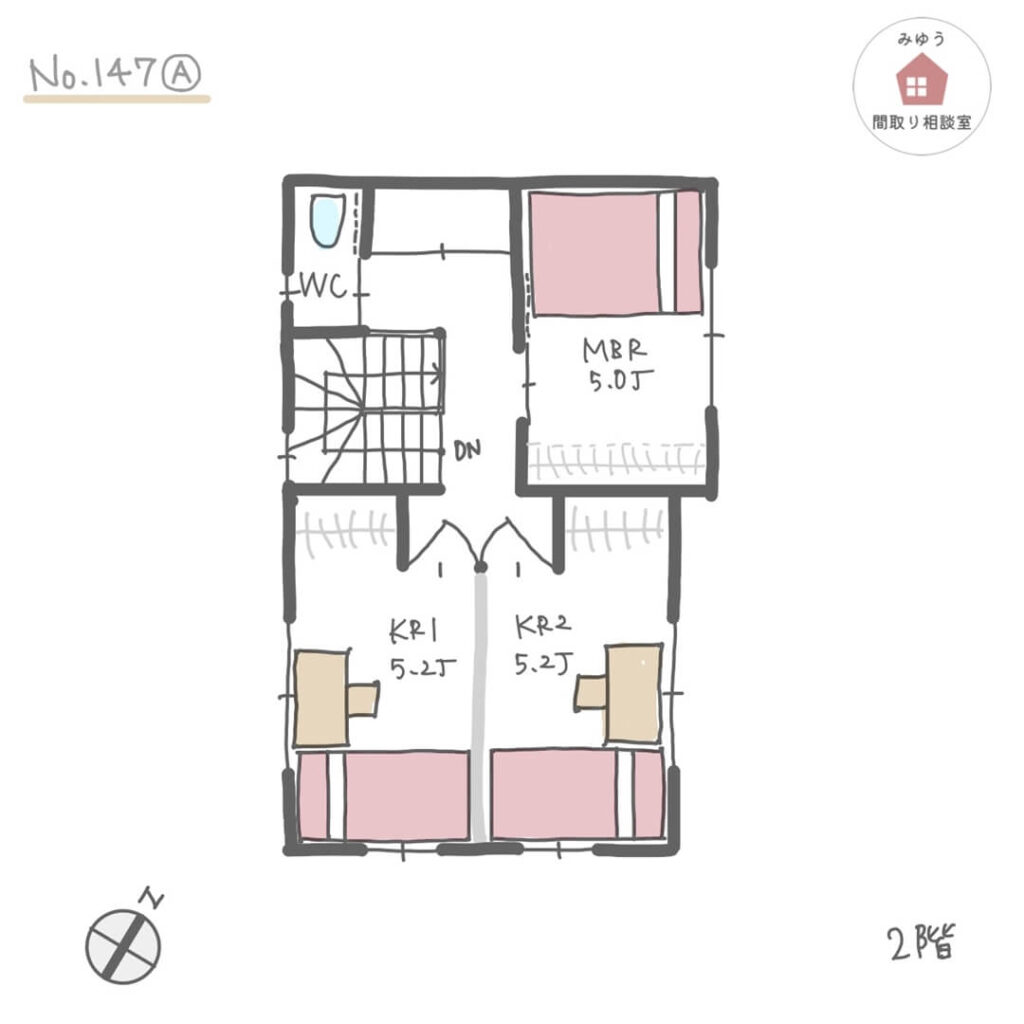 狭小住宅でも1階に日常着用のファミリークローゼットがある間取り【22坪3LDK2階建】No.147A-2階