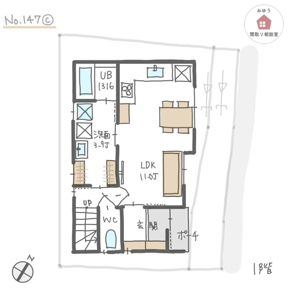 狭小住宅でも広めの洗面所に乾太くんを設けた間取り【22坪3LDK2階建】No.147C-1階