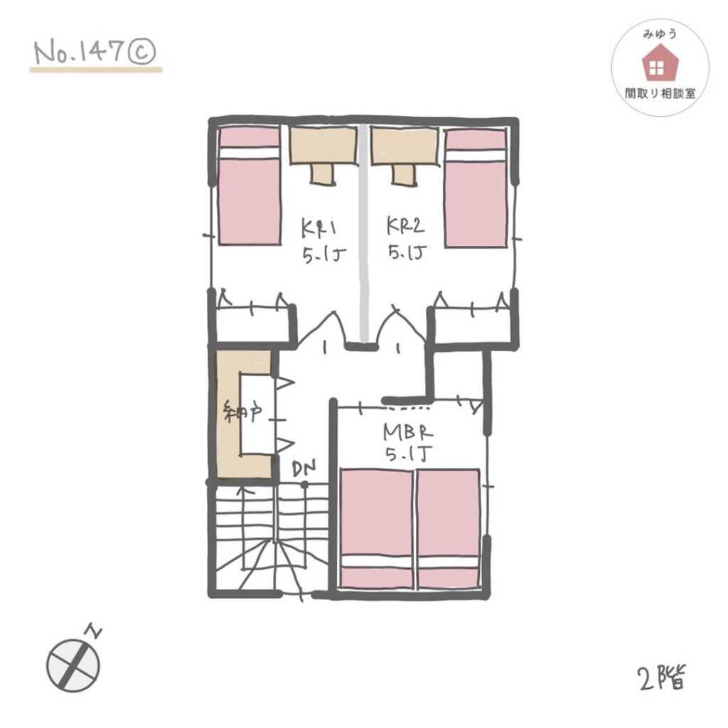 狭小住宅でも広めの洗面所に乾太くんを設けた間取り【22坪3LDK2階建】No.147C-2階