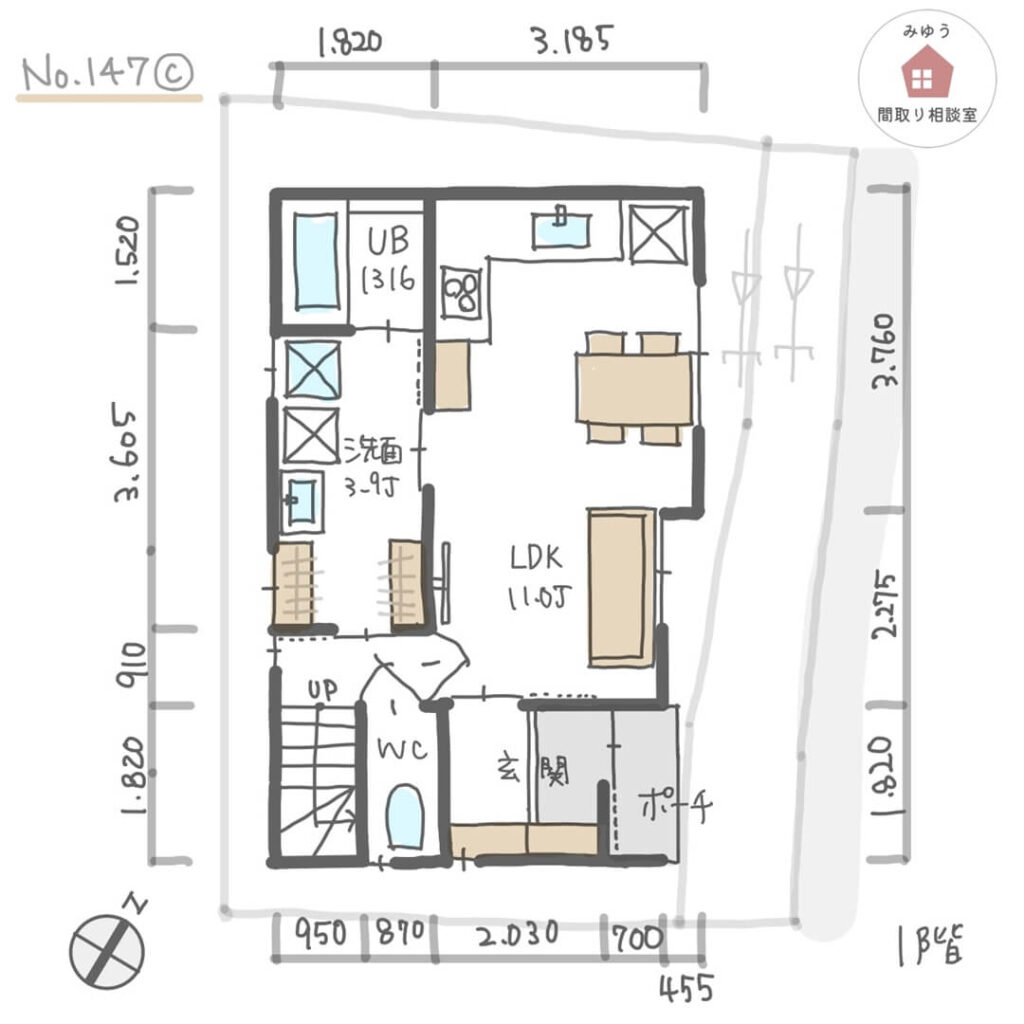 狭小住宅でも広めの洗面所に乾太くんを設けた間取り【22坪3LDK2階建】No.147C-寸法有1階