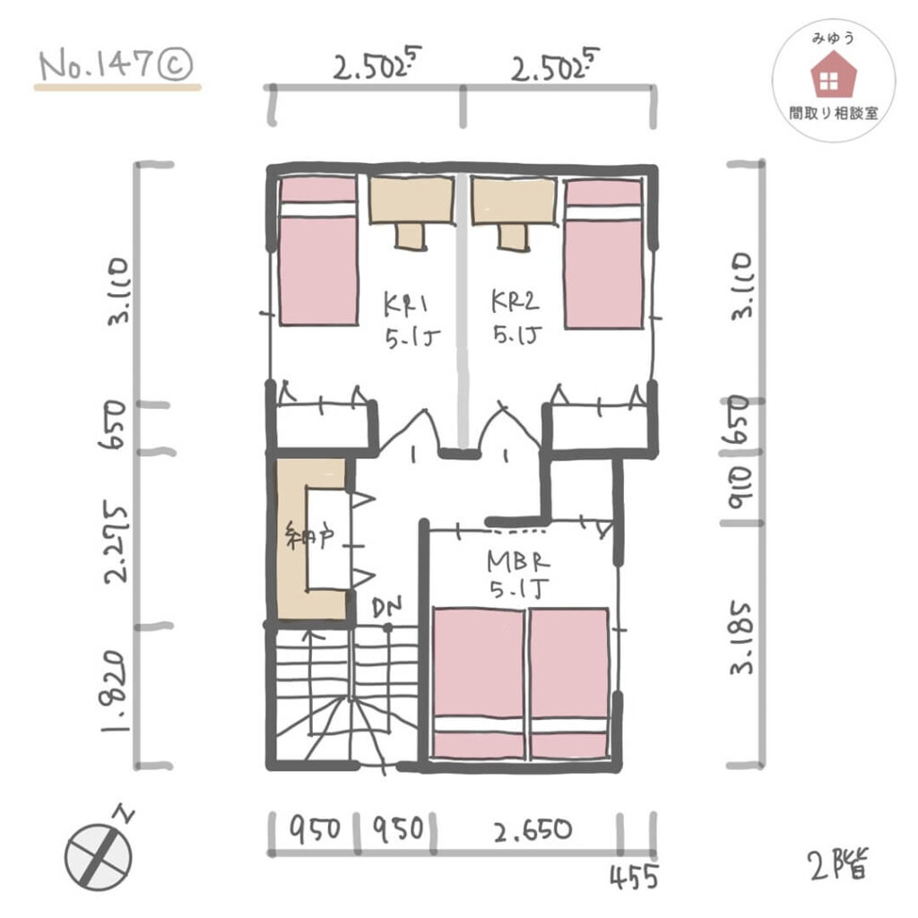 狭小住宅でも広めの洗面所に乾太くんを設けた間取り【22坪3LDK2階建】No.147C-寸法有2階