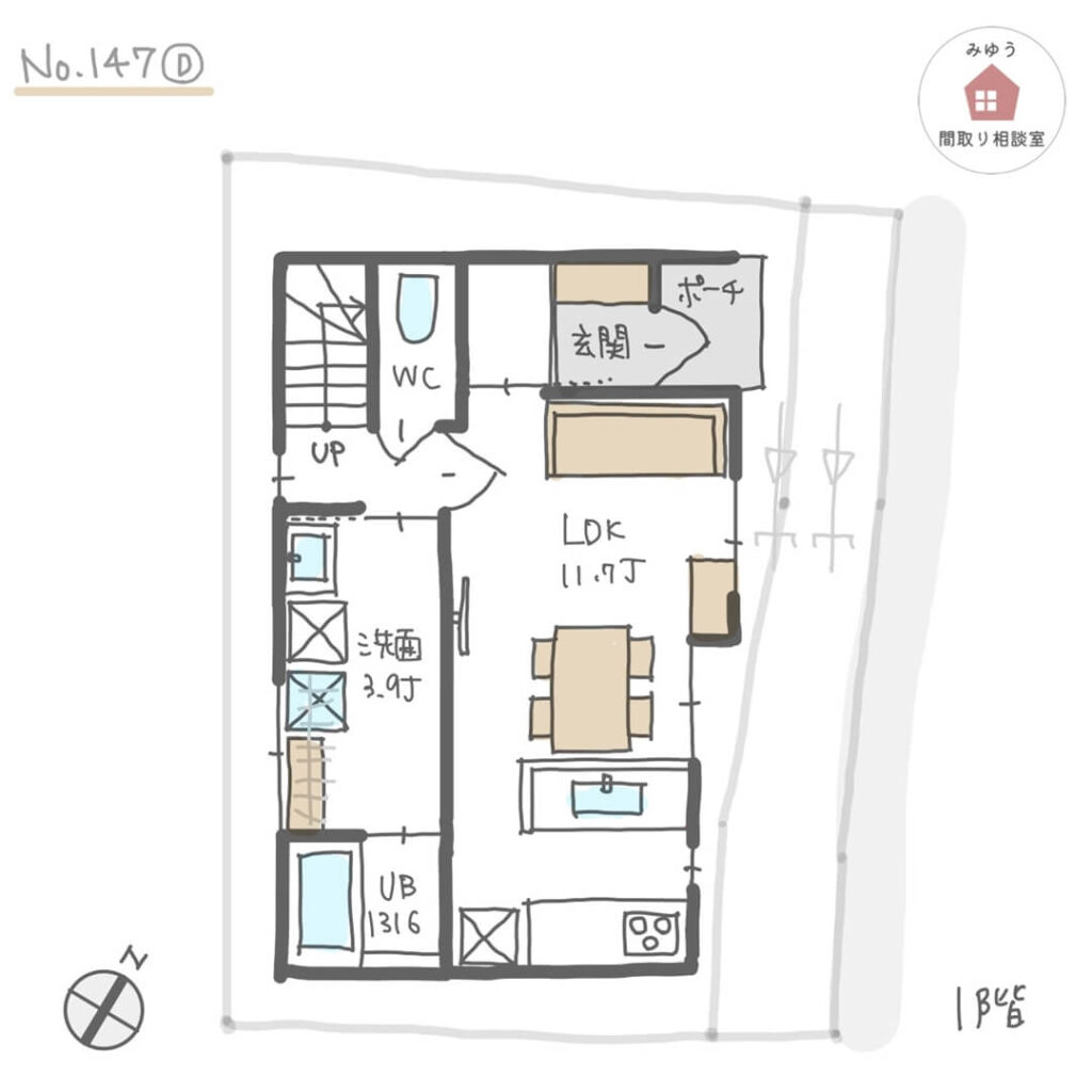 Ⅱ型キッチンのLDKと乾太くん設置した広い洗面所がある狭小住宅間取り【22坪3LDK2階建】No.147D-1階