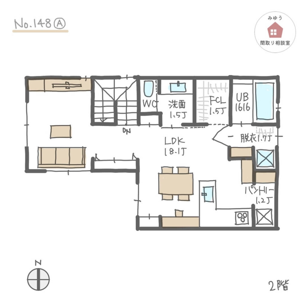 L字型形状の建物で、2階リビング周辺で家事を完結できる間取り【29坪3LDK2階建】No.148A-2階