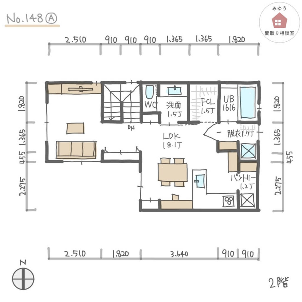 L字型形状の建物で、2階リビング周辺で家事を完結できる間取り【29坪3LDK2階建】No.148A-寸法有2階