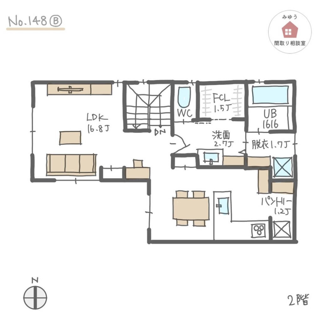 玄関近くに収納を充実させた2階リビングの間取り【29坪3LDK2階建】No.148B-2階