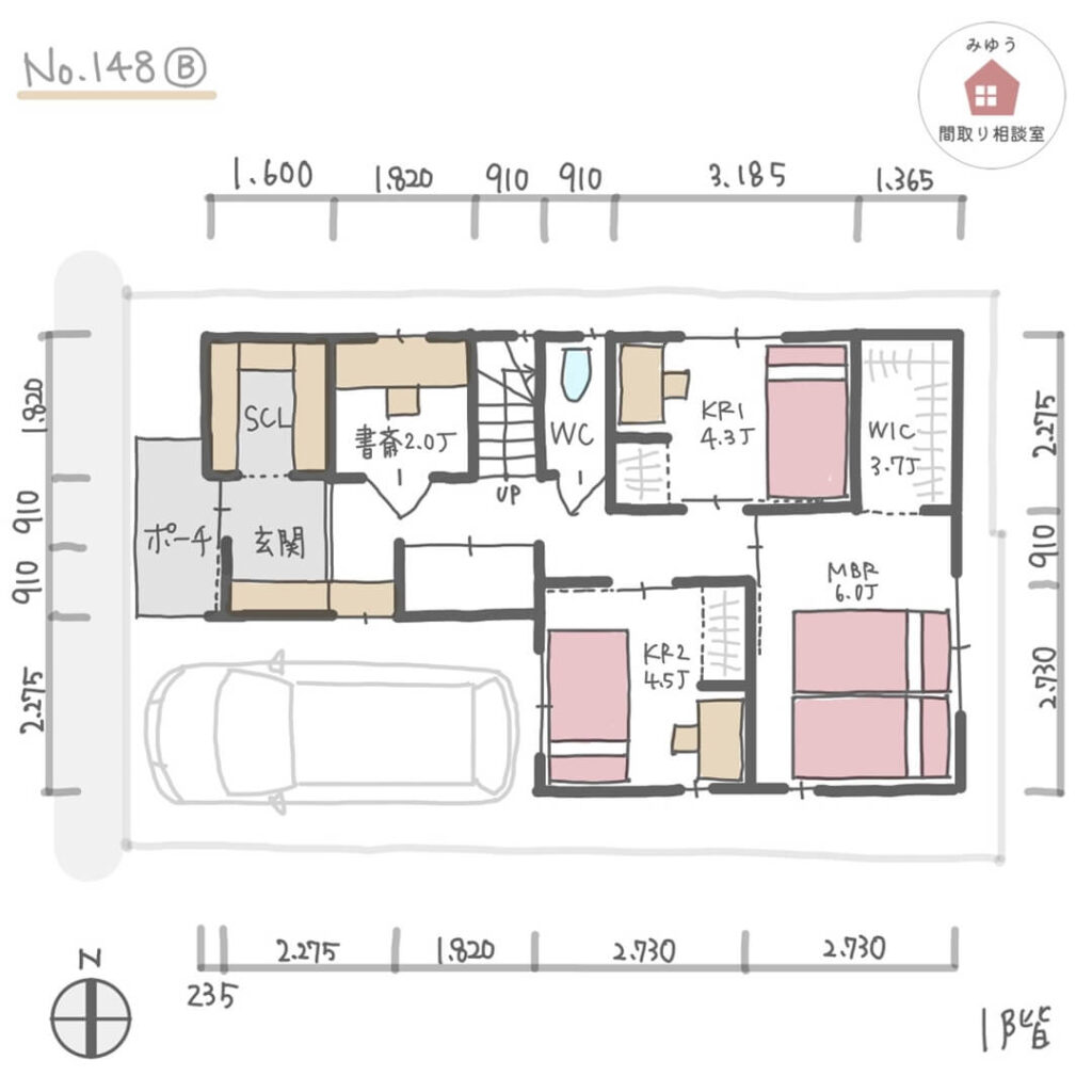 玄関近くに収納を充実させた2階リビングの間取り【29坪3LDK2階建】No.148B-寸法有1階