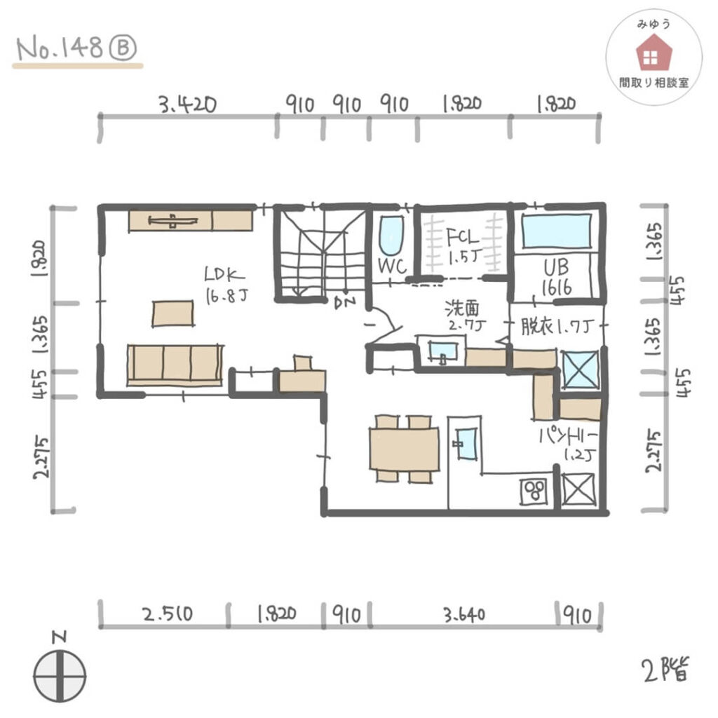 玄関近くに収納を充実させた2階リビングの間取り【29坪3LDK2階建】No.148B-寸法有2階