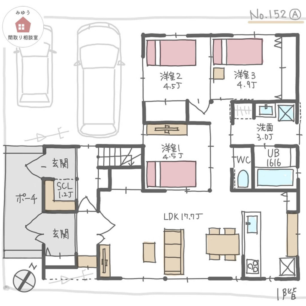 両世帯南面にLDKを設けた完全分離型二世帯住宅【51坪3LDK＋2LDK2階建】No.152A-1階