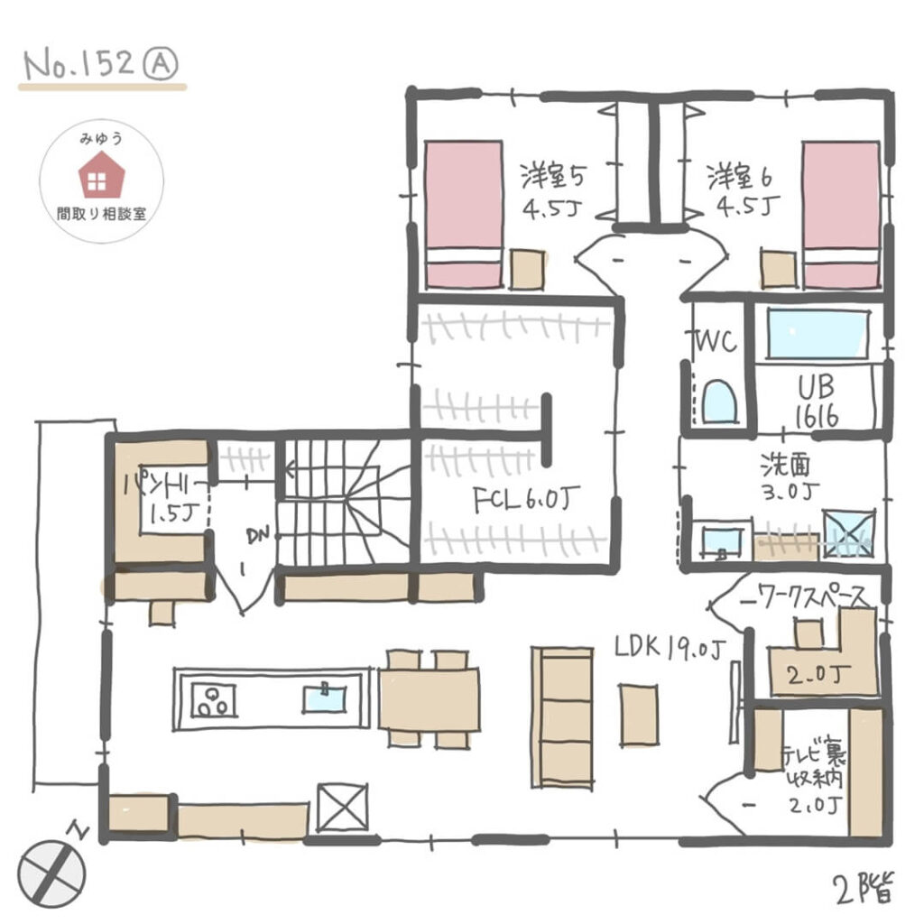 両世帯南面にLDKを設けた完全分離型二世帯住宅【51坪3LDK＋2LDK2階建】No.152A-2階