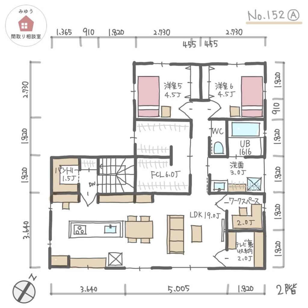 両世帯南面にLDKを設けた完全分離型二世帯住宅【51坪3LDK＋2LDK2階建】No.152A-寸法有2階