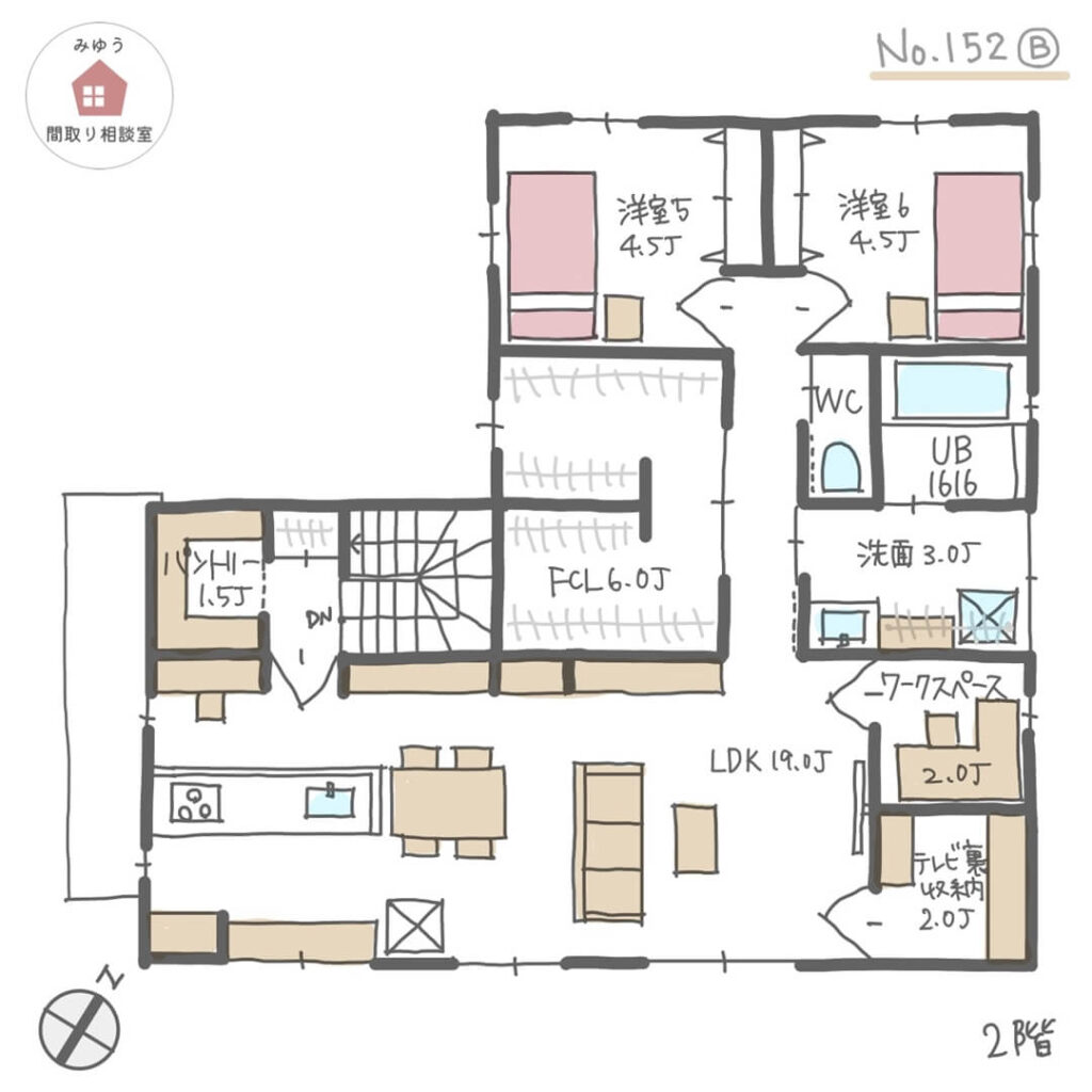 過ごしやすくて介護もしやすい家事ラク完全分離型二世帯住宅【51坪3LDK＋2LDK2階建】No.152B-2階