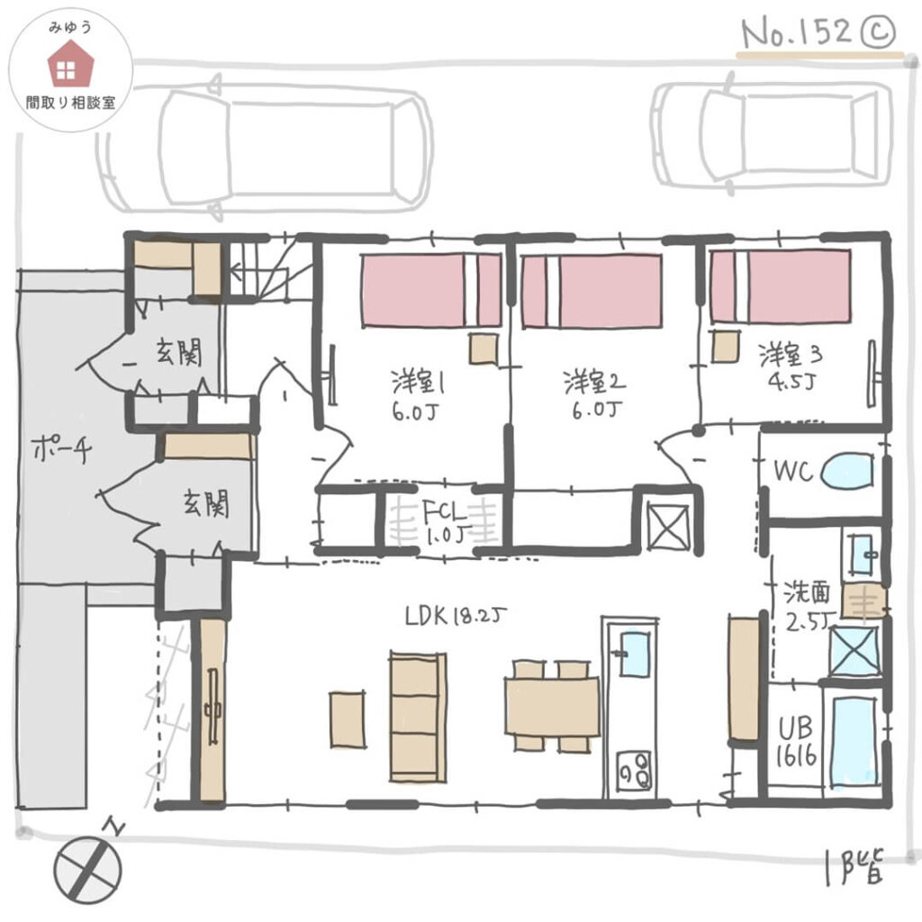 音の配慮やプライバシーを確保しやすい完全分離型二世帯住宅【52坪3LDK＋2LDK2階建】No.152C-1階