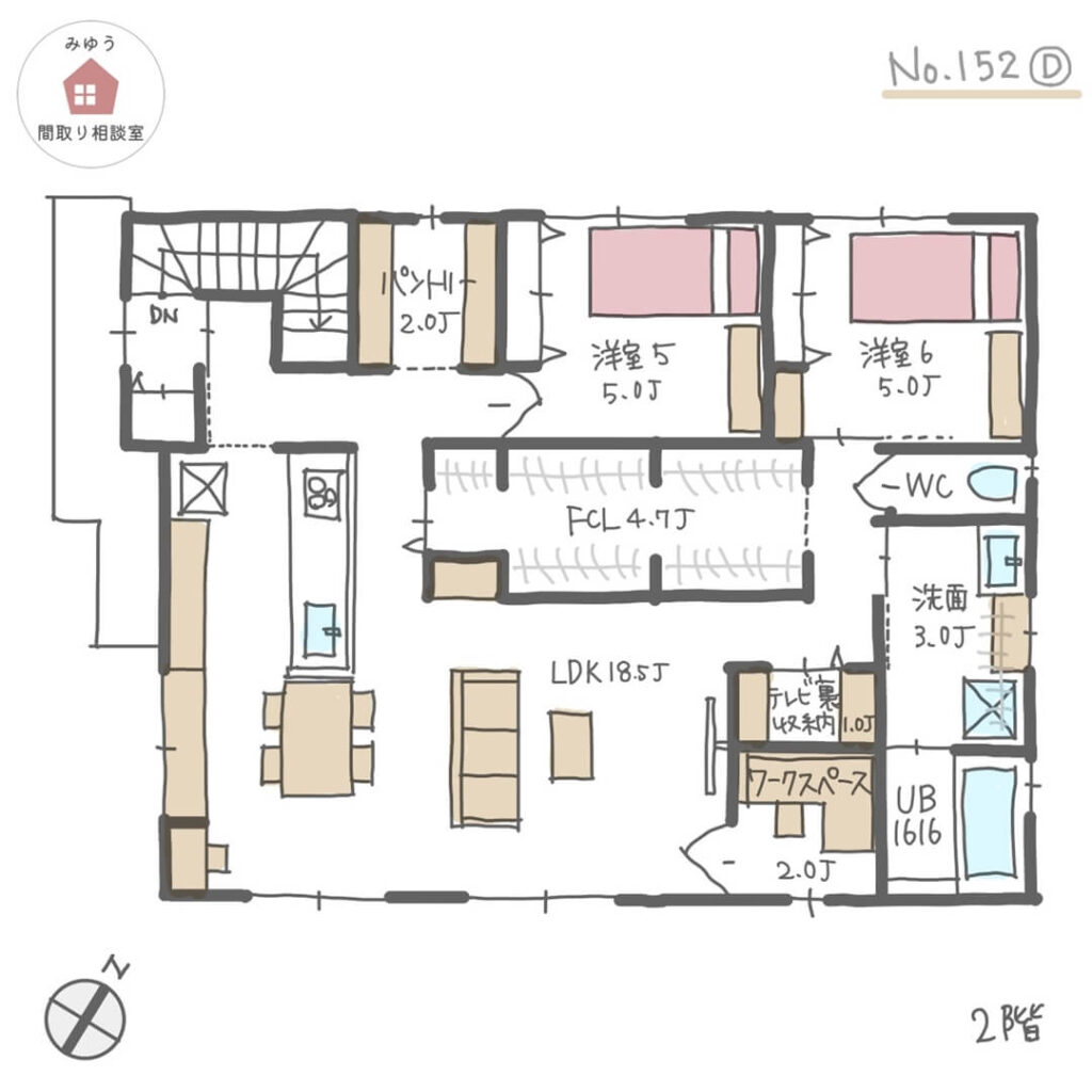 回遊動線で介護がしやすく変化に対応しやすい完全分離型二世帯住宅間取り【52坪3LDK＋2LDK2階建】No.152D-2階