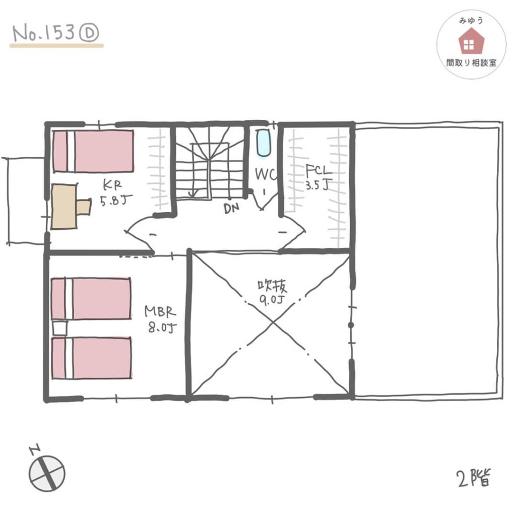 玄関近くに水回り集中していて、洗面所隣にファミリークローゼットがある間取り【34坪3LDK2階建】No.153D-2階