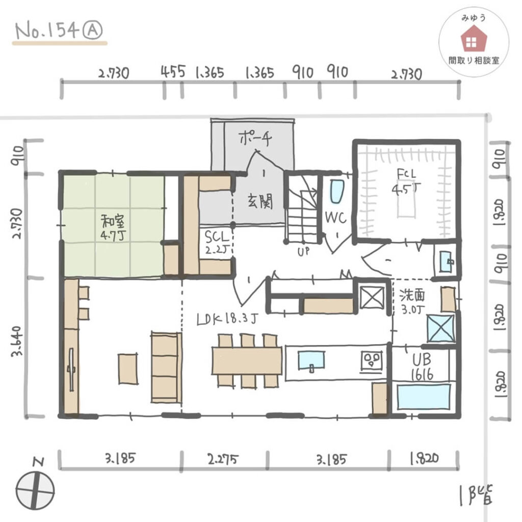 広いファミリークローゼットが1階2階両方にある収納充実間取り【37坪4LDK2階建】No.154A-寸法有1階