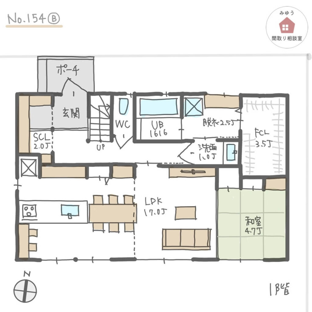 キッチンテーブル横並びで吹抜けリビングと和室が南側にある日当たりの良い間取り【36坪4LDK2階建】No.154B-1階