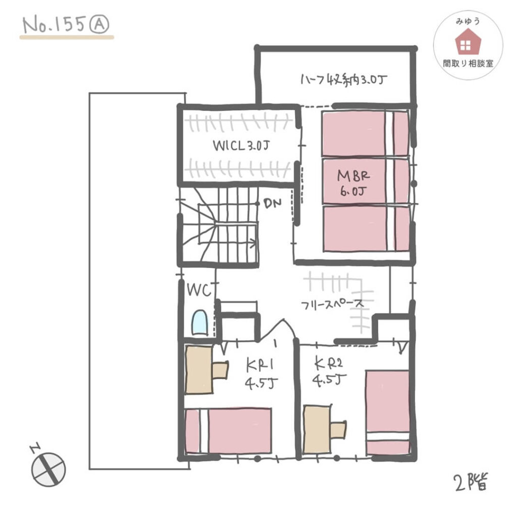 キッチン周りに回遊できる収納がある間取り【32坪3LDK2階建】No.155A-2階