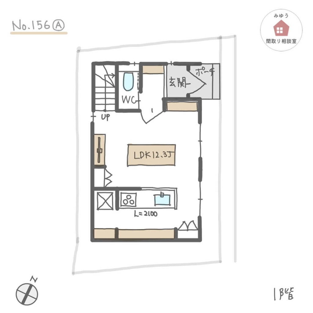 将来的に賃貸住宅にすることも想定した、親戚が集まりやすい狭小住宅間取り【21坪2LDK3階建】No.156A-1階