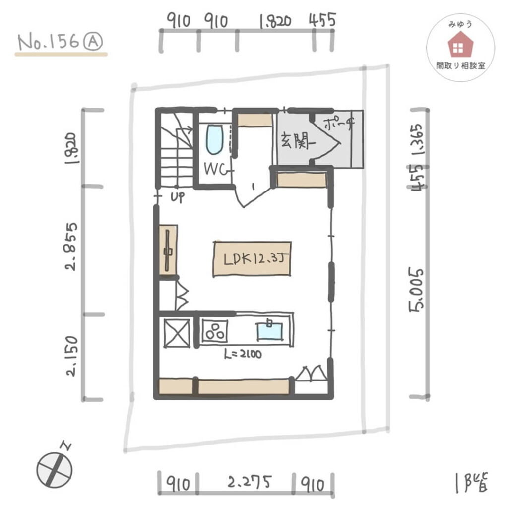 将来的に賃貸住宅にすることも想定した、親戚が集まりやすい狭小住宅間取り【21坪2LDK3階建】No.156A-寸法有1階