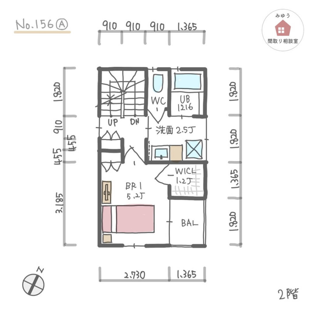 将来的に賃貸住宅にすることも想定した、親戚が集まりやすい狭小住宅間取り【21坪2LDK3階建】No.156A-寸法有2階