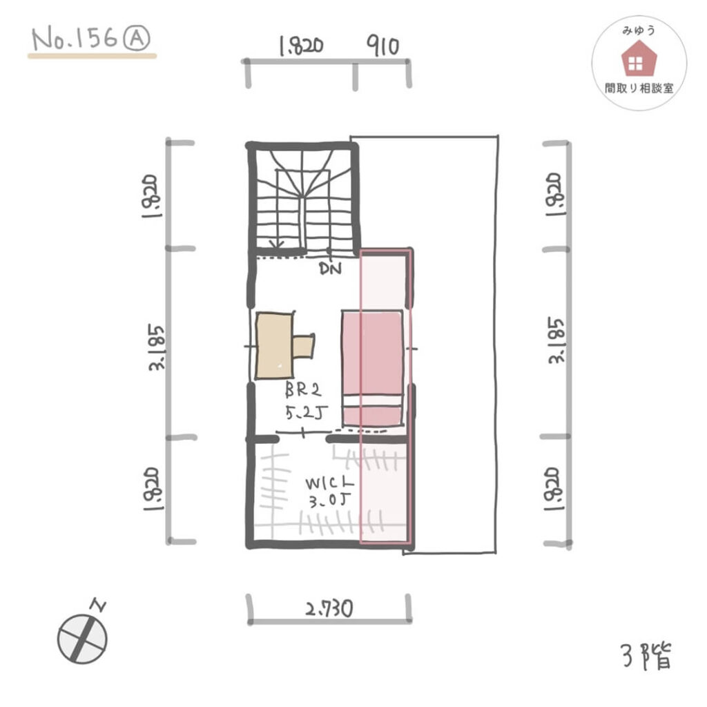 将来的に賃貸住宅にすることも想定した、親戚が集まりやすい狭小住宅間取り【21坪2LDK3階建】No.156A-寸法有3階