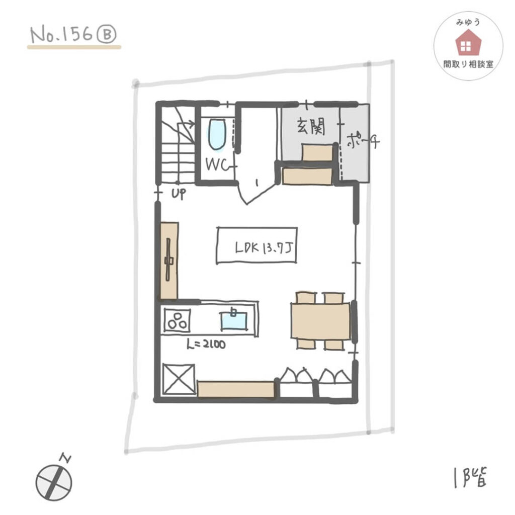 狭小住宅でも寝室と水回りが２階にあり、洗面所が広めで室内干しできる間取り【22坪2LDK3階建】No.156B-1階