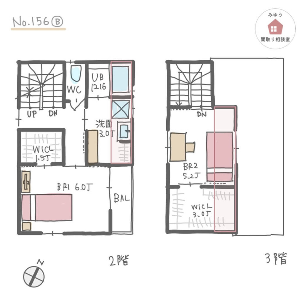 狭小住宅でも寝室と水回りが２階にあり、洗面所が広めで室内干しできる間取り【22坪2LDK3階建】No.156B-2階