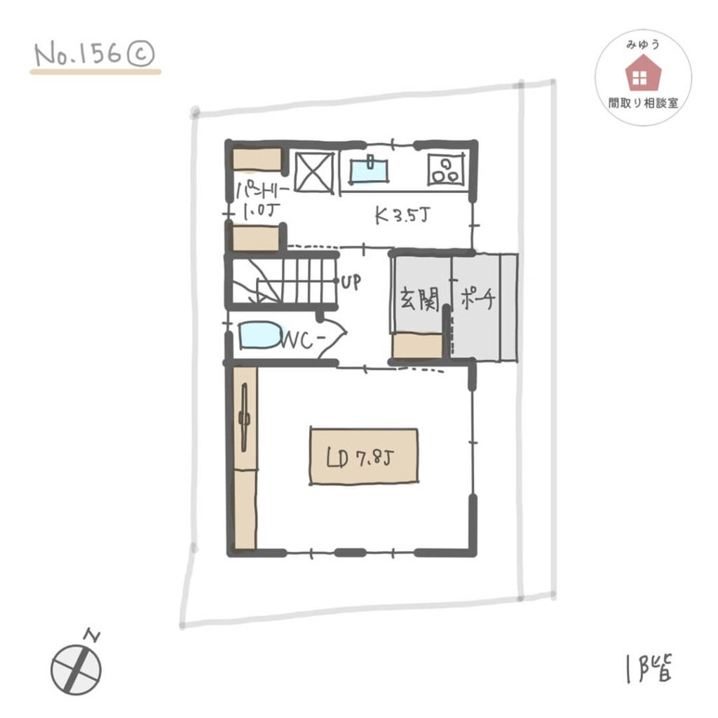 狭小住宅でも可能な範囲で個室と共有部分の収納を設けた３階建間取り【21坪2LDK3階建】No.156C-1階