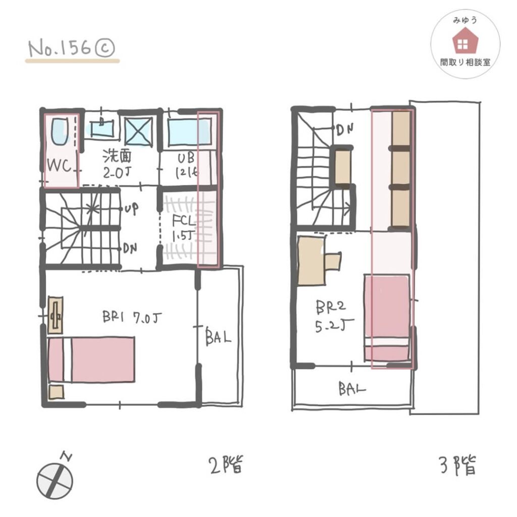 狭小住宅でも可能な範囲で個室と共有部分の収納を設けた３階建間取り【21坪2LDK3階建】No.156C-2階