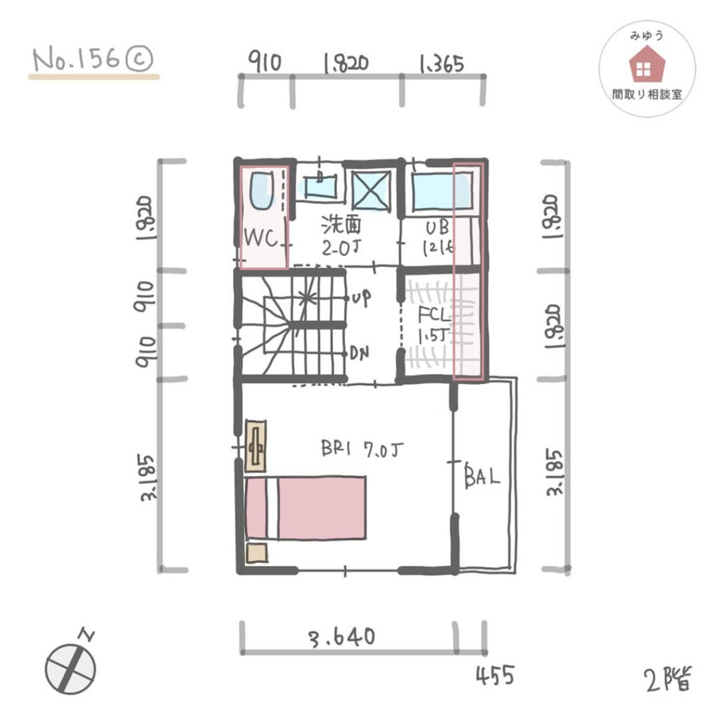 狭小住宅でも可能な範囲で個室と共有部分の収納を設けた３階建間取り【21坪2LDK3階建】No.156C-寸法有2階