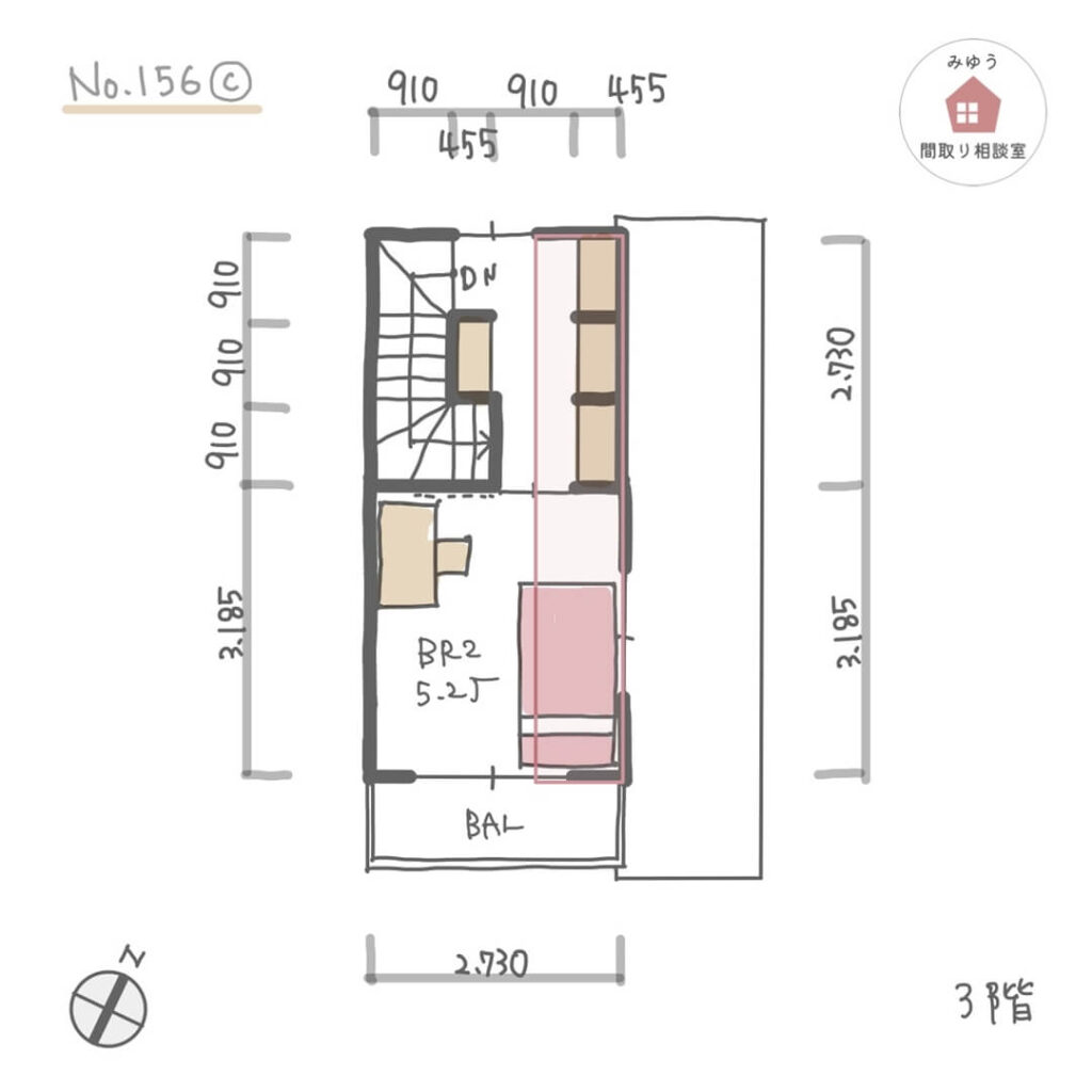 狭小住宅でも可能な範囲で個室と共有部分の収納を設けた３階建間取り【21坪2LDK3階建】No.156C-寸法有3階