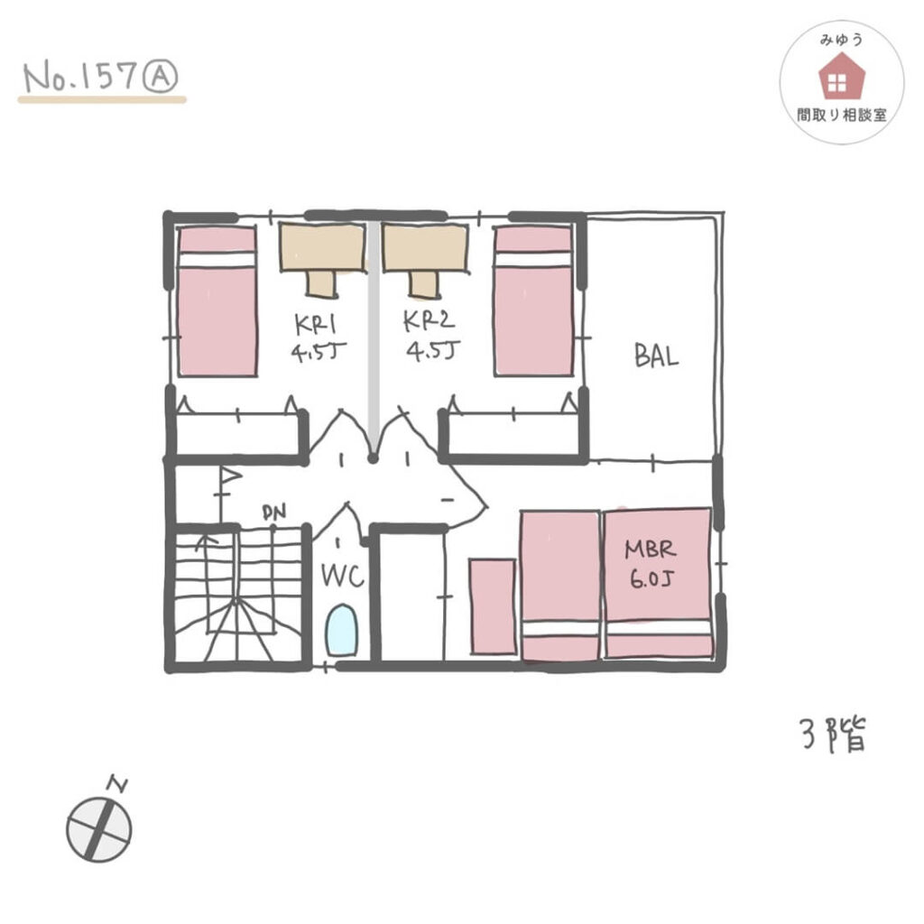 インナーガレージのある３階建て都市型住宅【31坪3LDK3階建】No.157A-3階