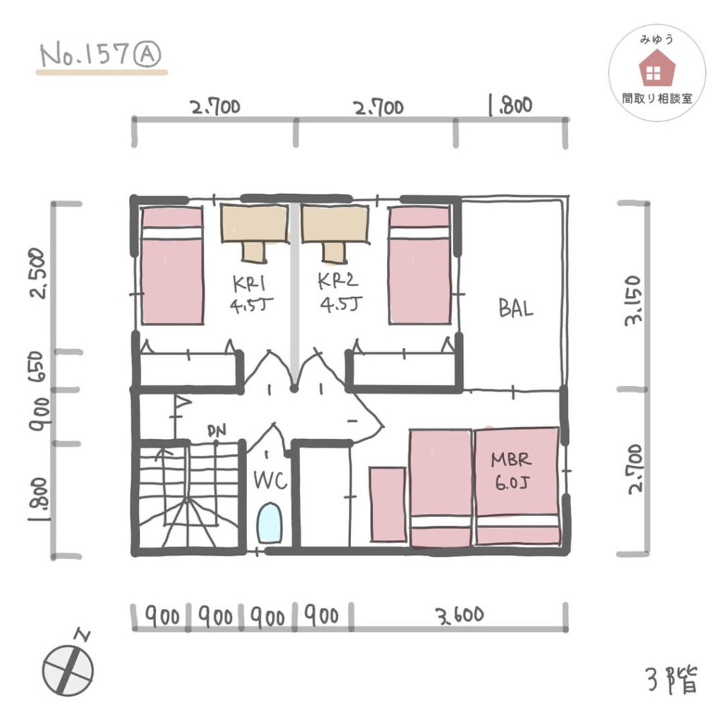 インナーガレージのある３階建て都市型住宅【31坪3LDK3階建】No.157A-寸法有3階