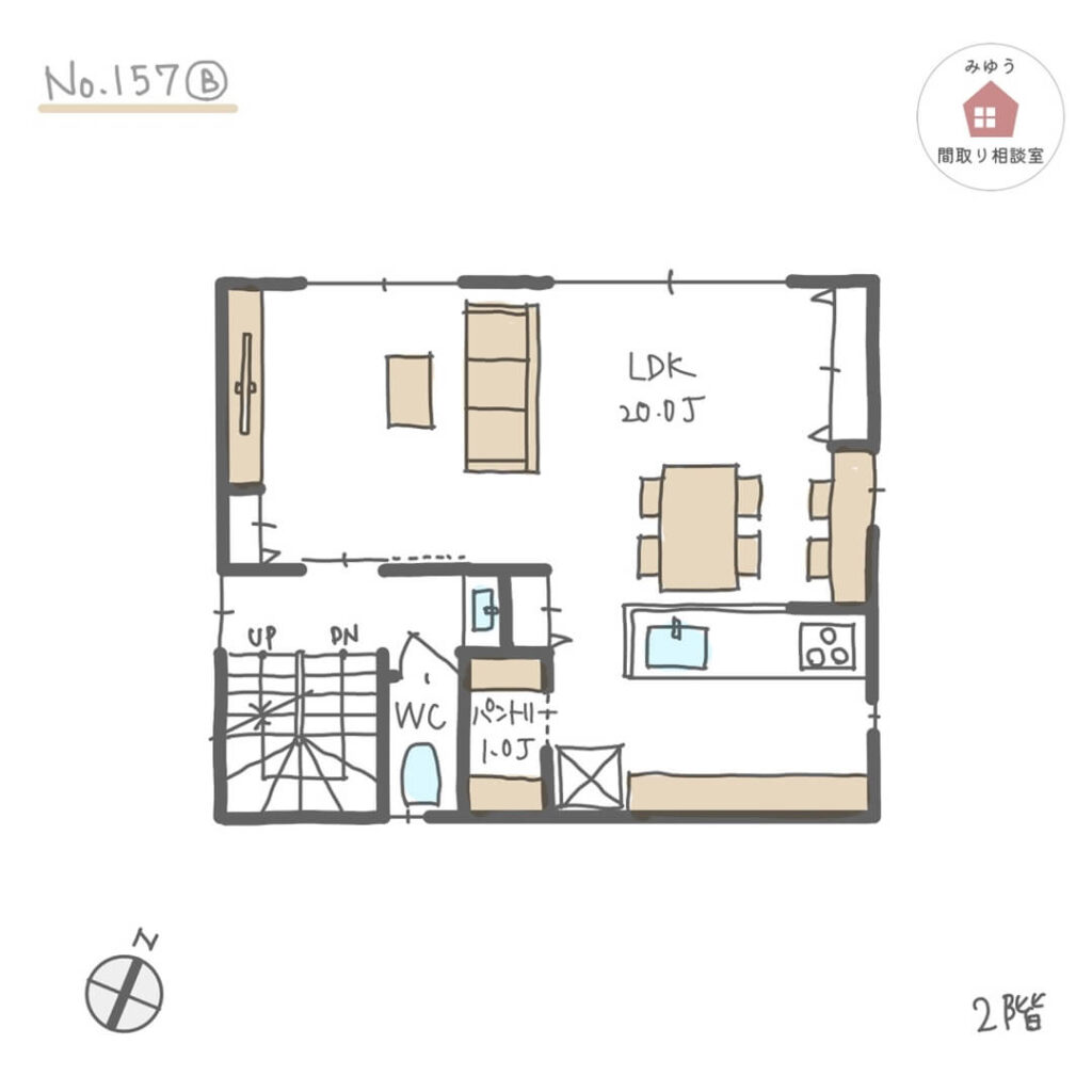 １階に広め洗面所とファミリークローゼットがある都市型３階建住宅間取り【32坪3LDK3階建】No.157B-2階