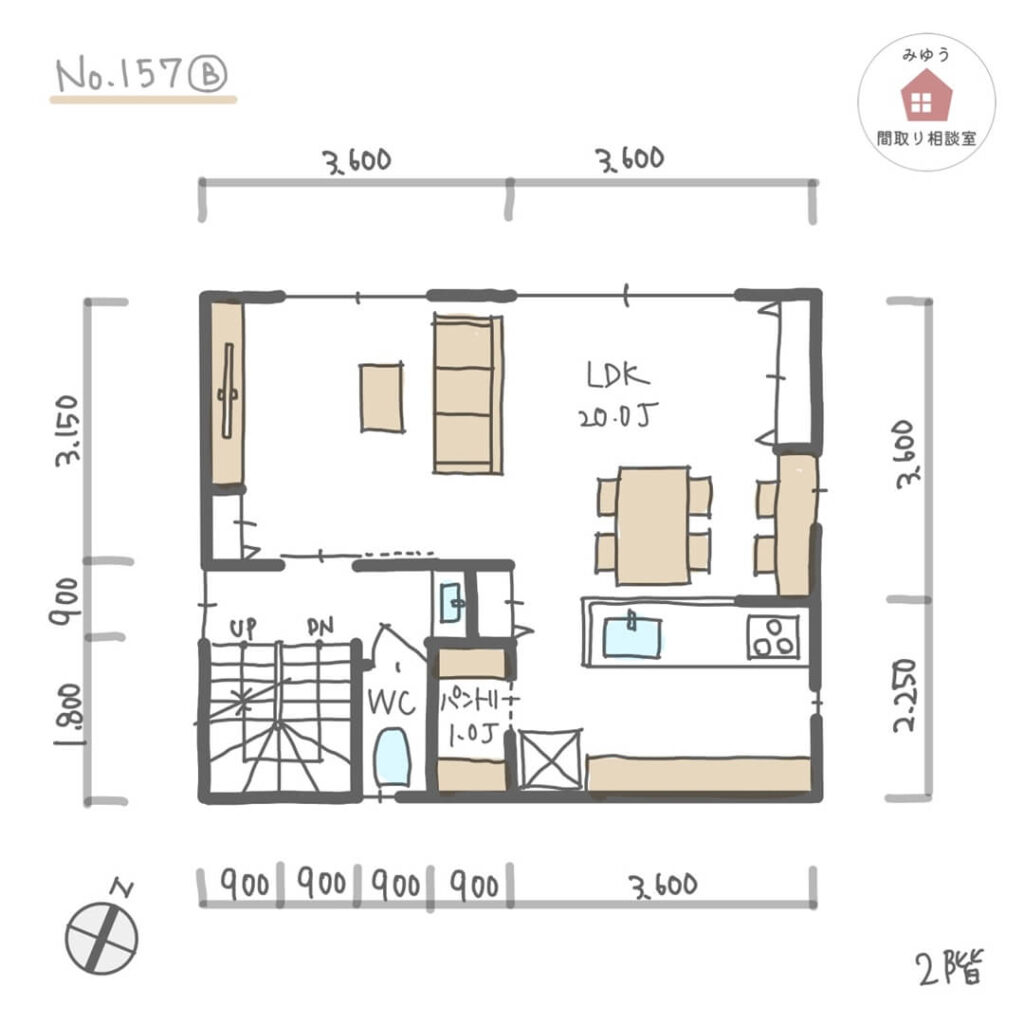 １階に広め洗面所とファミリークローゼットがある都市型３階建住宅間取り【32坪3LDK3階建】No.157B-寸法有2階