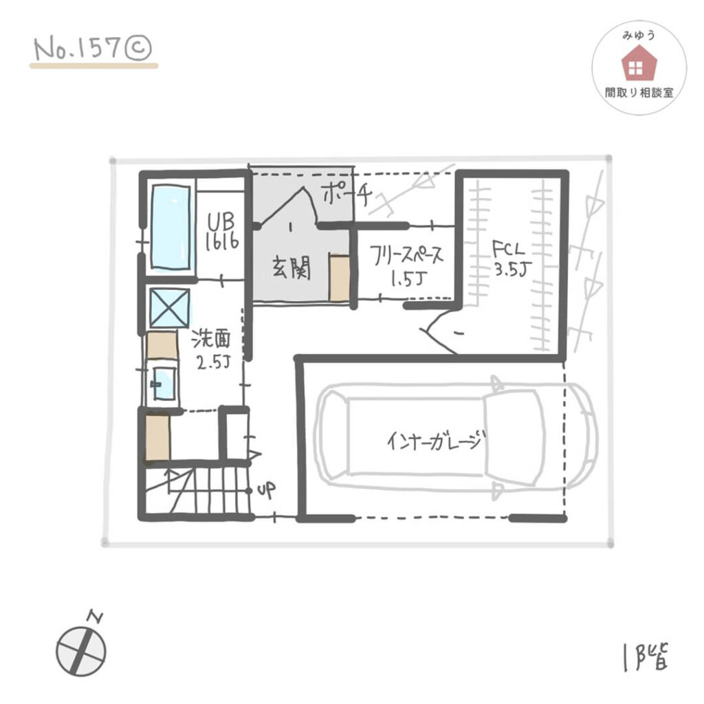 ２階に広めLDKがあり、収納が充実した３階建て間取り【32坪3LDK3階建】No.157C-1階