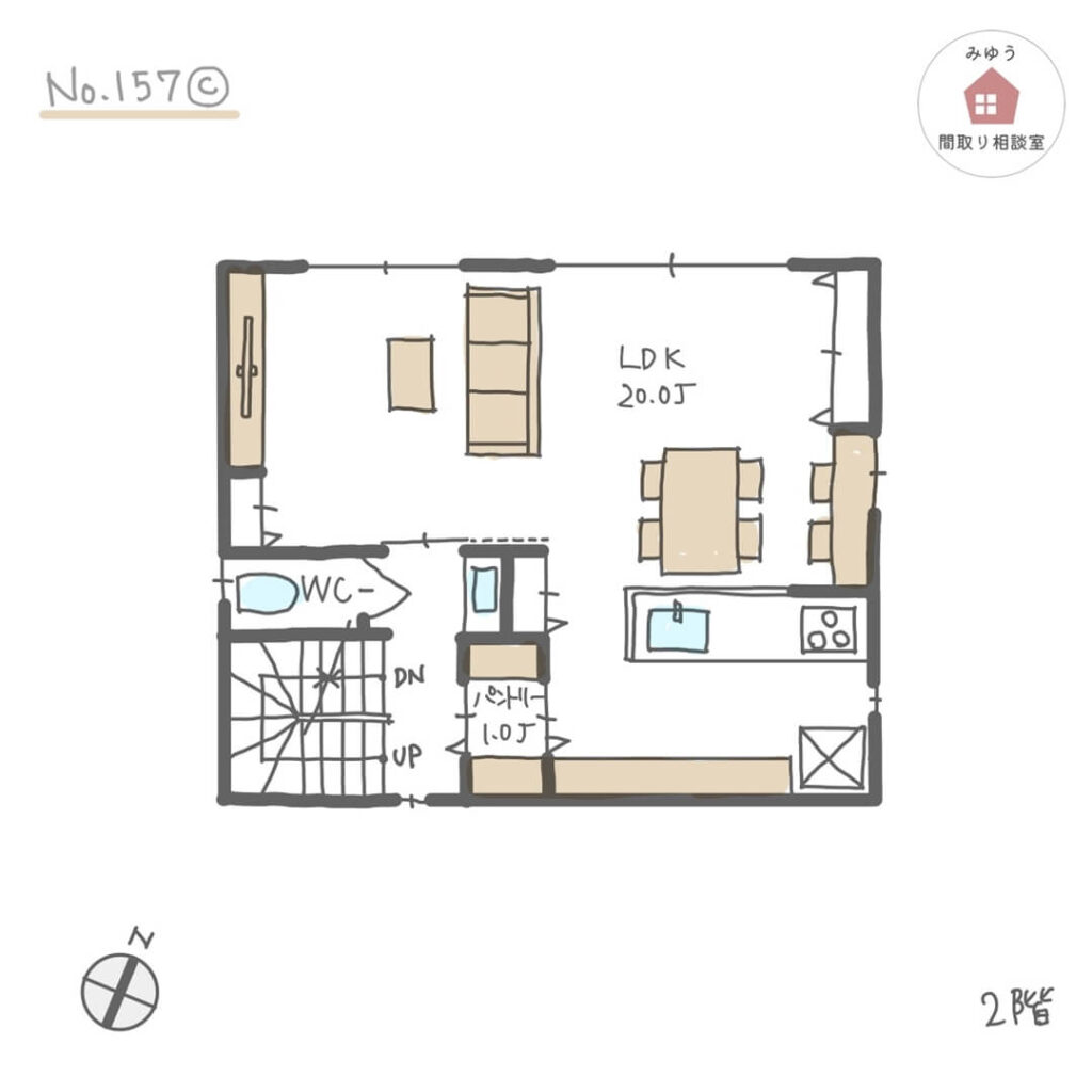 ２階に広めLDKがあり、収納が充実した３階建て間取り【32坪3LDK3階建】No.157C-2階