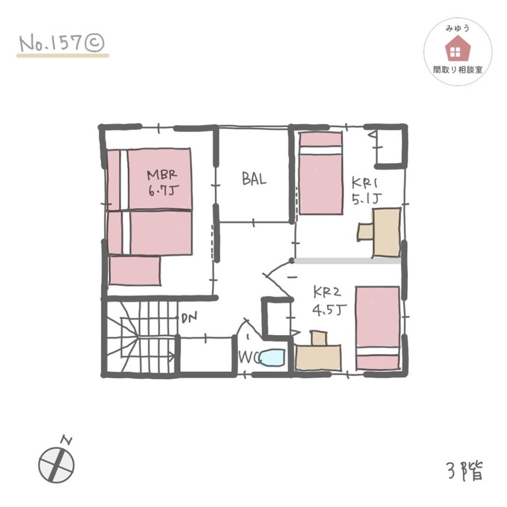 ２階に広めLDKがあり、収納が充実した３階建て間取り【32坪3LDK3階建】No.157C-3階