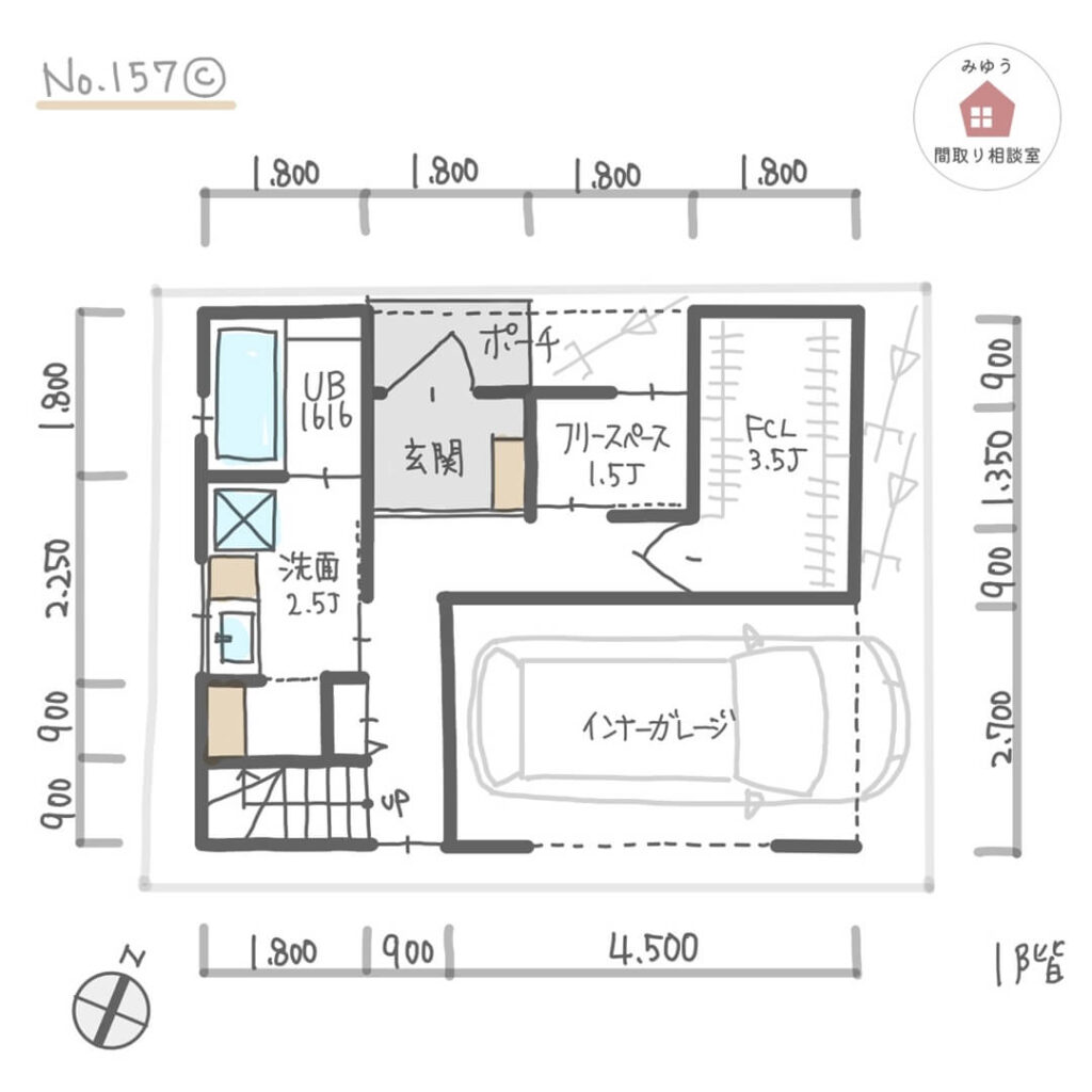 ２階に広めLDKがあり、収納が充実した３階建て間取り【32坪3LDK3階建】No.157C-寸法有1階