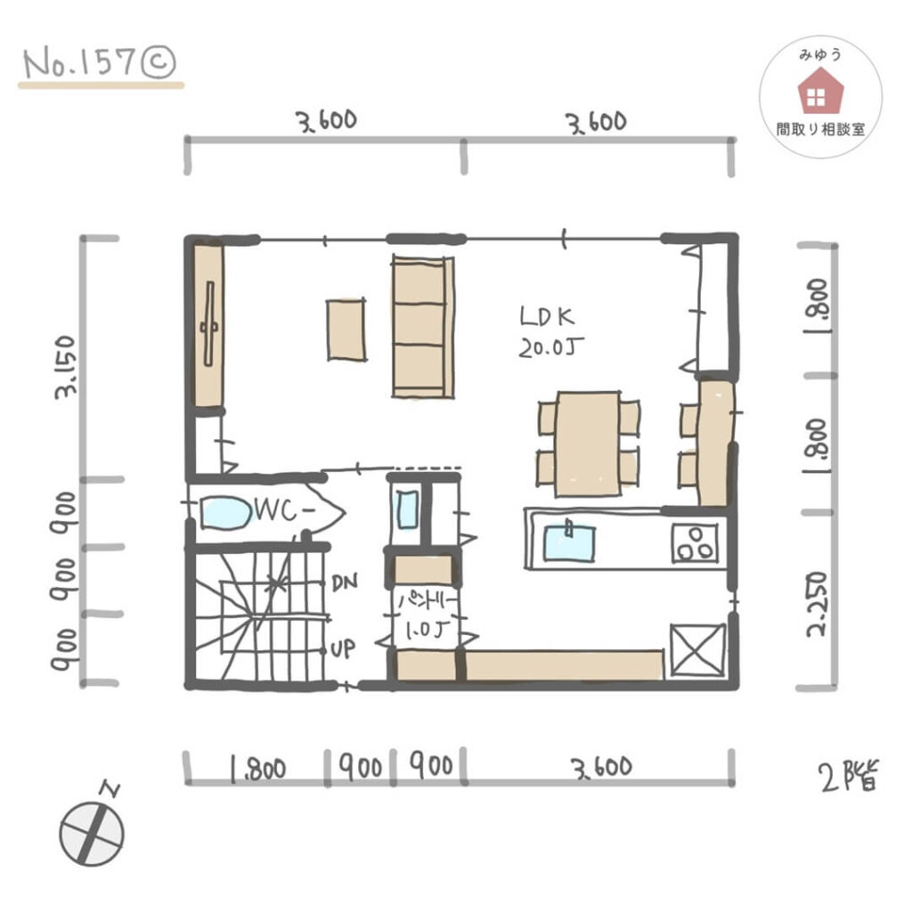 ２階に広めLDKがあり、収納が充実した３階建て間取り【32坪3LDK3階建】No.157C-寸法有2階