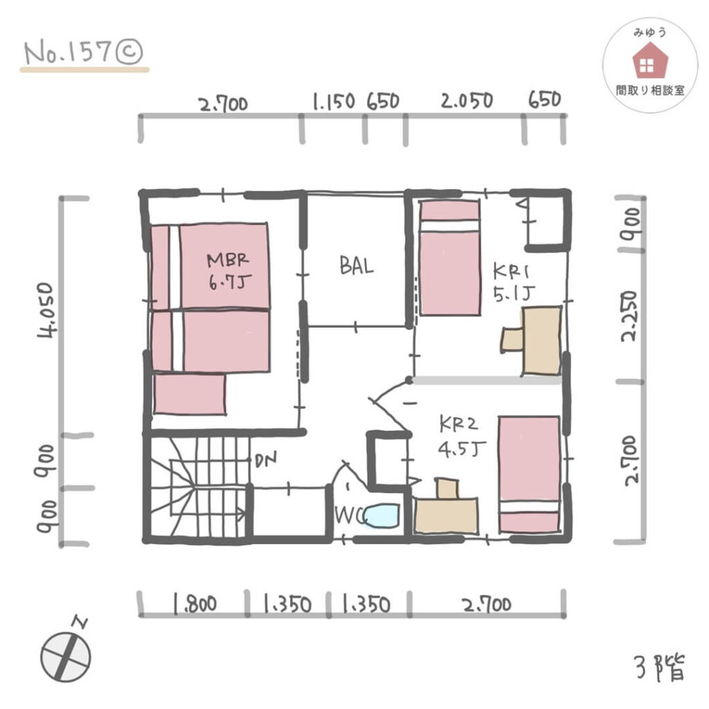 ２階に広めLDKがあり、収納が充実した３階建て間取り【32坪3LDK3階建】No.157C-寸法有3階