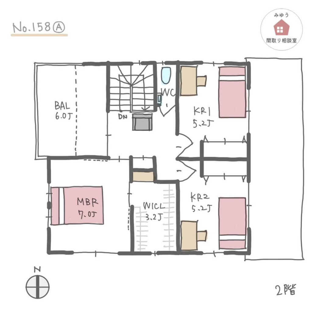 南側にリビングダイニングがある居心地よい間取り【31坪3LDK2階建】No.158A-2階